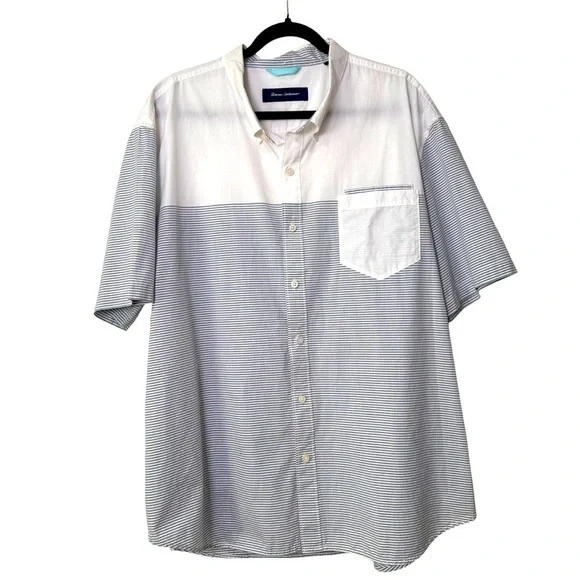 Tommy Bahama Men’s XXL Cotton White & Blue Striped Button Down Short Sleeve - Picture 1 of 6